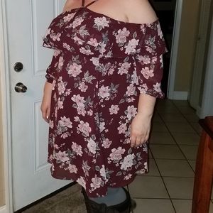 Torrid Wine Floral Cold Shoulder Ruffle Dress Size 22